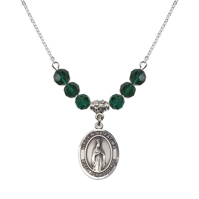 Virgen de Fatima Oval Sterling Silver 6mm Emerald Beaded Necklace, Measures 3/4 inch tall by 1/2-inch wide, Gift Box, Bliss Manufacturing