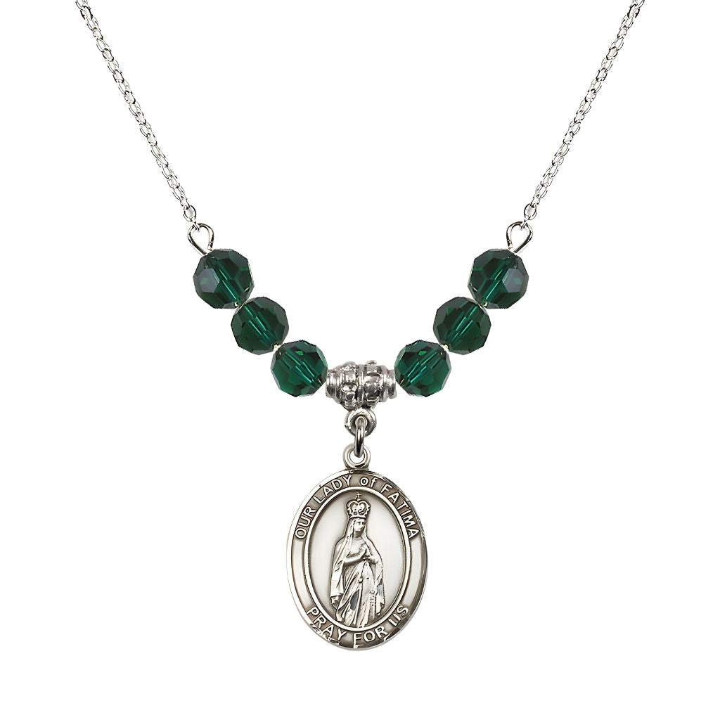 Bliss Our Lady of Fatima Sterling Silver 6mm Emerald Beaded Necklace, Measures 3/4 inch tall by 1/2-inch wide, Gift Box