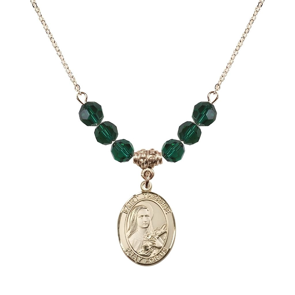 Bliss St. Therese of Lisieux Gold-filled Birthstone Necklace with 6mm Austrian crystal in emerald beads