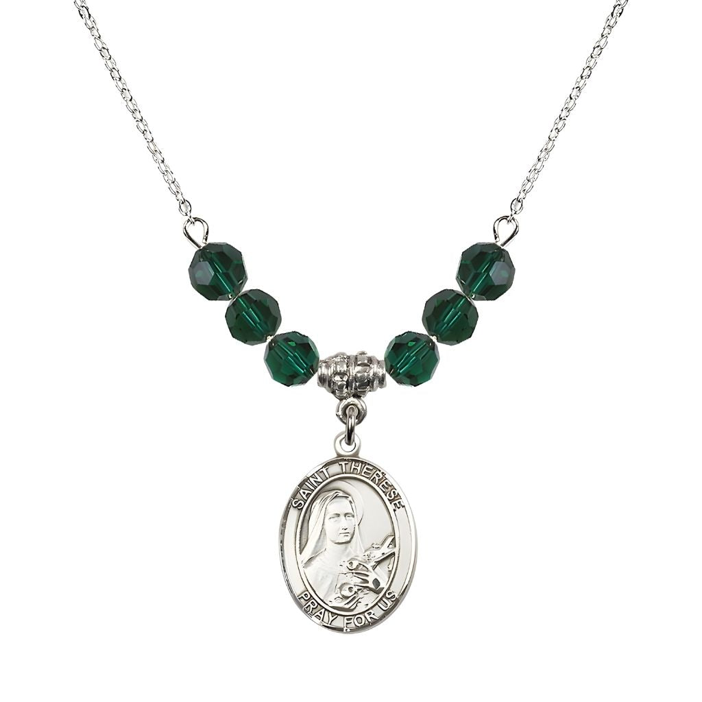 Bliss St. Therese of Lisieux Sterling Silver Medal and Birthstone 6mm Emerald Crystal Necklace