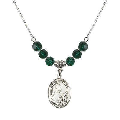 St. Therese of Lisieux Sterling Silver Medal and Birthstone 6mm Emerald Crystal Necklace, Bliss Manufacturing