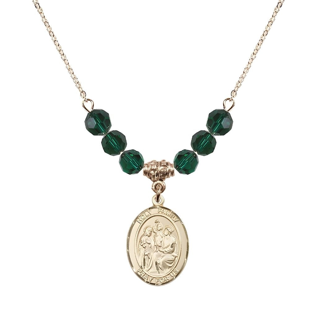 Bliss Holy Family Beaded Necklace with Gold-filled Medal, 6mm Austrian Crystal Emerald Beads for May