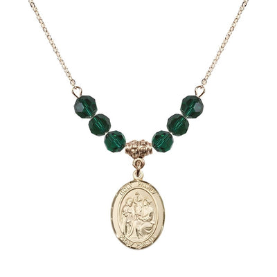 Holy Family Beaded Necklace with Gold-filled Medal, 6mm Austrian Crystal Emerald Beads for May, Bliss Manufacturing