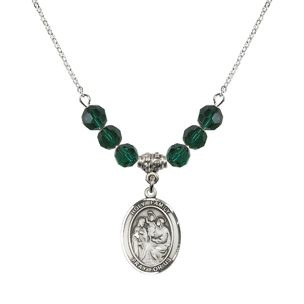 Bliss Holy Family Beaded Necklace with Sterling Silver Medal, 6mm Austrian Crystal Emerald Beads for May