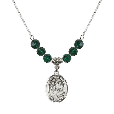 Holy Family Beaded Necklace with Sterling Silver Medal, 6mm Austrian Crystal Emerald Beads for May, Bliss Manufacturing