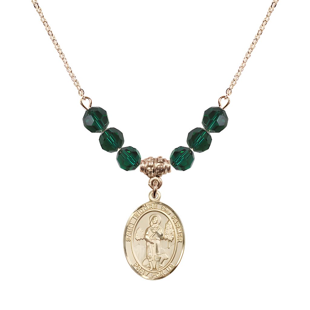 Bliss St. Isidore the Farmer Oval 14kt Gold-filled 6mm Emerald Austrian Crystal Beaded Necklace, Measures 3/4 inch tall by 1/2-inch wide, Gift Box.