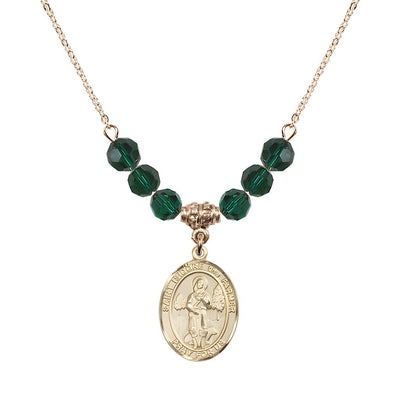 St. Isidore the Farmer Oval 14kt Gold-filled 6mm Emerald Austrian Crystal Beaded Necklace, Measures 3/4 inch tall by 1/2-inch wide, Gift Box, Bliss Manufacturing