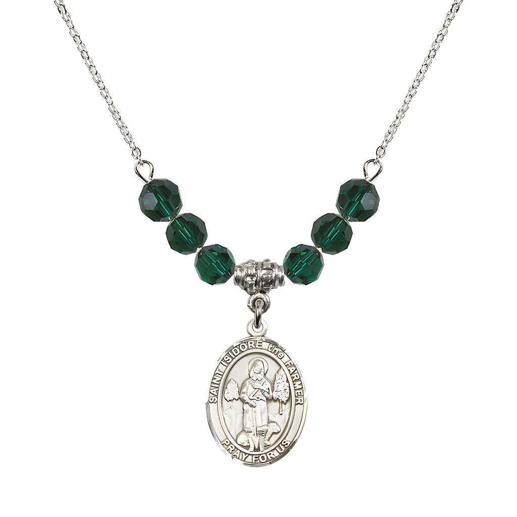 Bliss St. Isidore the Farmer Oval Sterling Silver 6mm Emerald Austrian Crystal Beaded Necklace, Measures 3/4 inch tall by 1/2-inch wide, Gift Box.