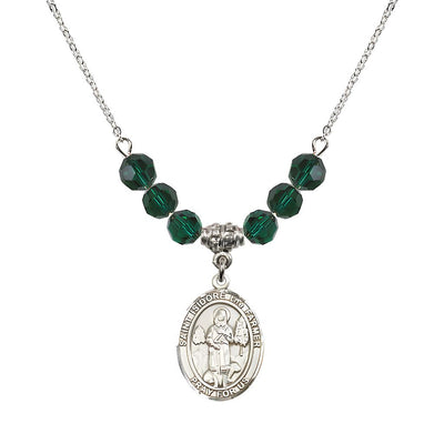 St. Isidore the Farmer Oval Sterling Silver 6mm Emerald Austrian Crystal Beaded Necklace, Measures 3/4 inch tall by 1/2-inch wide, Gift Box, Bliss Manufacturing