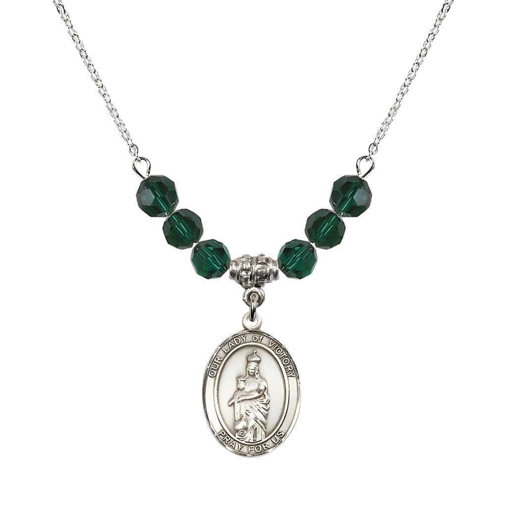 Bliss Our Lady of Victory Sterling Silver 6mm Emerald Austrian Crystal Beaded Necklace with Plated Chain