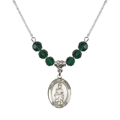 Our Lady of Victory Sterling Silver 6mm Emerald Austrian Crystal Beaded Necklace with Plated Chain, Bliss Manufacturing