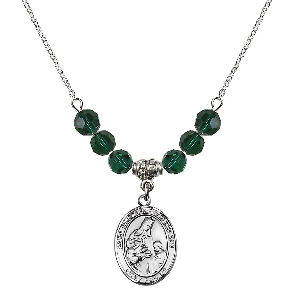 Bliss St. Margaret of Scotland Sterling Silver Crystal Birthstone Bead Necklace in Emerald,