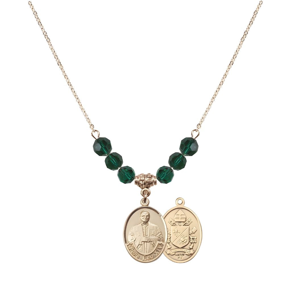 Bliss Pope Leo XIV Beaded Necklace with Gold-filled Medal, 6mm Austrian Crystal Emerald Beads for May