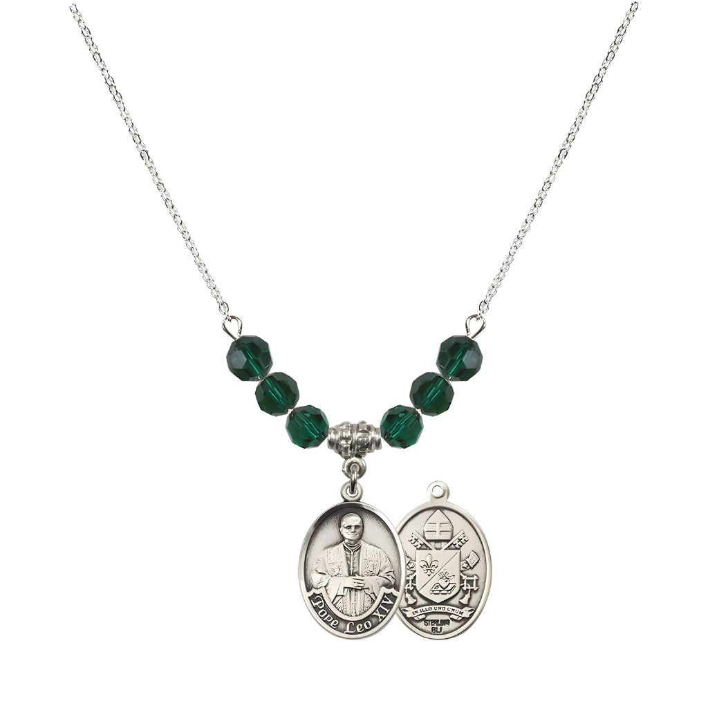 Bliss Pope Leo XIV Crystal Sterling Silver Medal Beaded Necklace with Emerald Crystal Beads,
