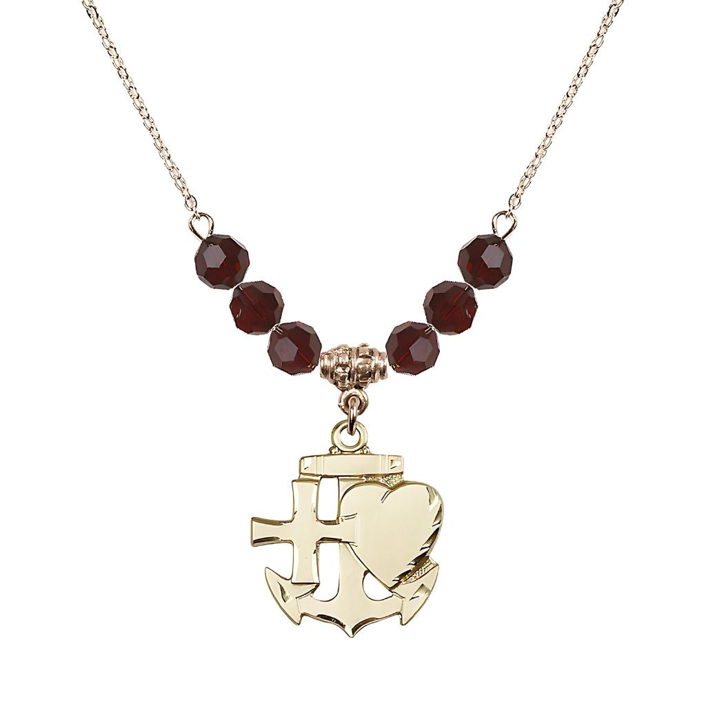 Bliss Christian Faith, Hope and Charity Gold-filled 6mm Garnet Crystal Birthstone Necklace