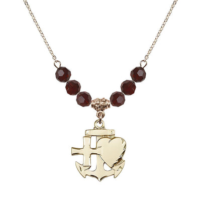Christian Faith, Hope and Charity Gold-filled 6mm Garnet Crystal Birthstone Necklace, Bliss Manufacturing