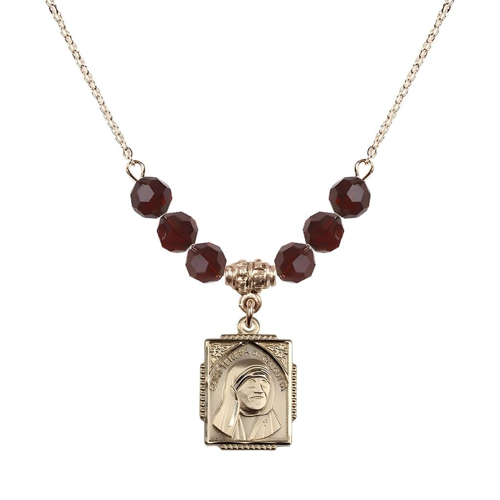Bliss St. Teresa of Calcutta Square 14kt Gold-filled Garnet Crystal Birthstone Necklace,