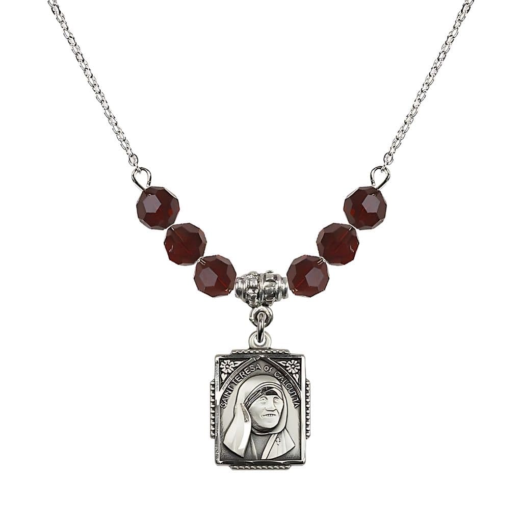 Bliss St. Teresa of Calcutta Square Sterling Silver Garnet Crystal Birthstone Necklace,