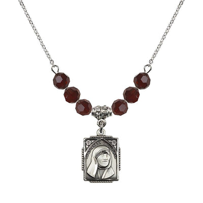 St. Teresa of Calcutta Square Sterling Silver Garnet Crystal Birthstone Necklace, Bliss Manufacturing