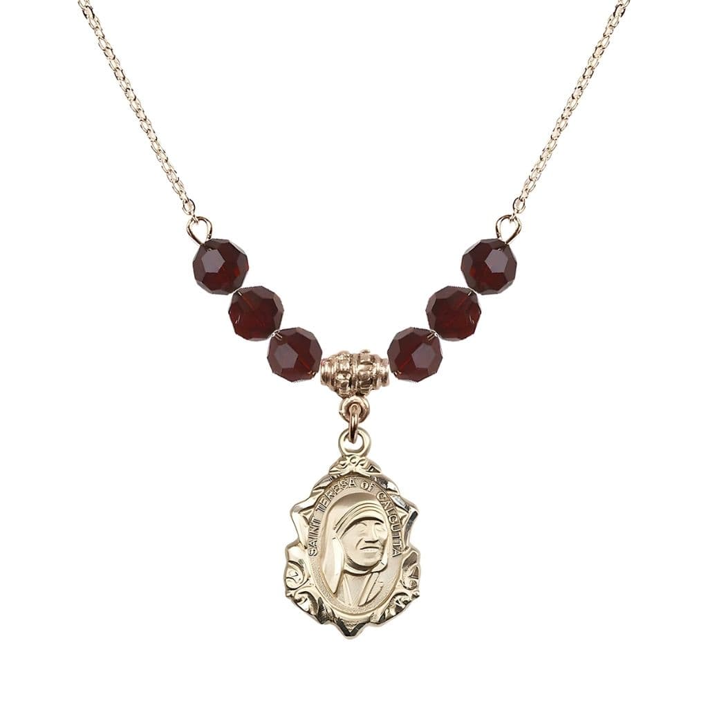 Bliss St. Teresa of Calcutta 14kt Gold-filled Crystal Birthstone Necklace with 6mm Garnet Crystal Beads