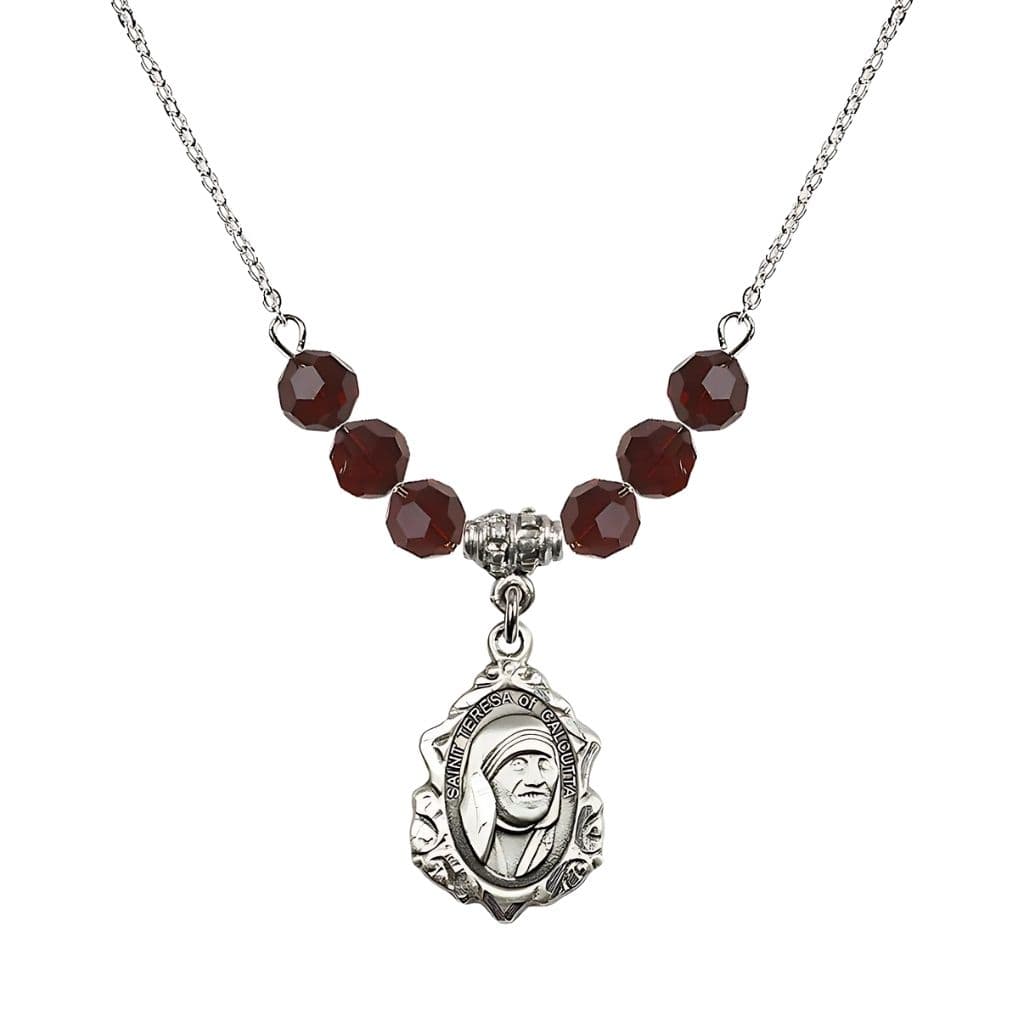 Bliss St. Teresa of Calcutta Sterling Silver Crystal Birthstone Necklace with 6mm Garnet Crystal Beads