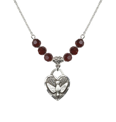 Dove Confirmation Heart Medal with 6mm Garnet Crystal Bead Necklace, 3/4 inch tall by 5/8 inch wide, Bliss Manufacturing