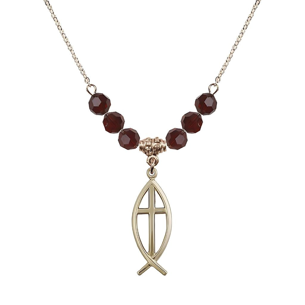 Bliss Fish Cross Crystal Garnet Birthstone Necklace with 18" Chain, Medal 1",