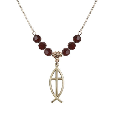 Fish Cross Crystal Garnet Birthstone Necklace with 18" Chain, Medal 1", Bliss Manufacturing