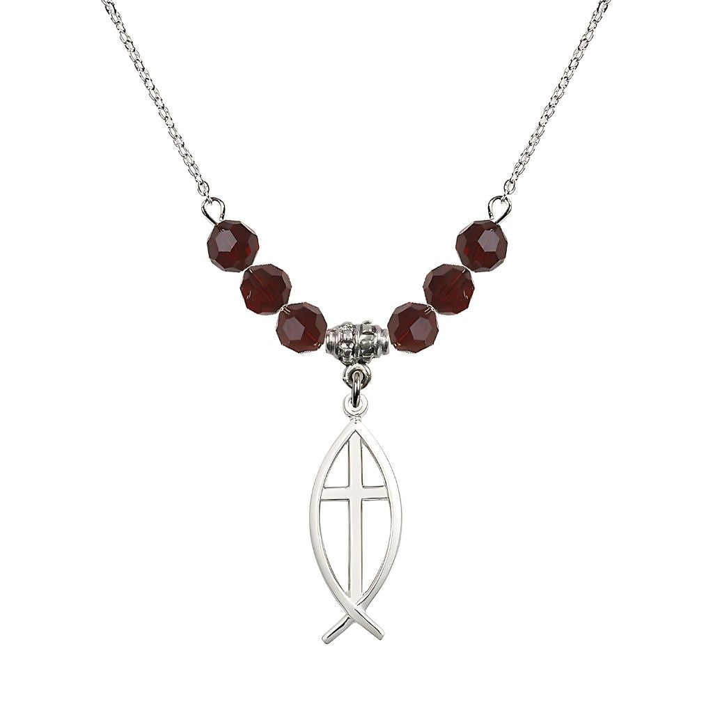 Bliss Fish Cross Crystal Birthstone Necklace with 18-inch Chain in Garnet, Medal 1 inch tall by 3/8 inch wide