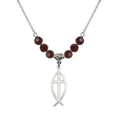 Fish Cross Crystal Birthstone Necklace with 18-inch Chain in Garnet, Medal 1 inch tall by 3/8 inch wide, Bliss Manufacturing
