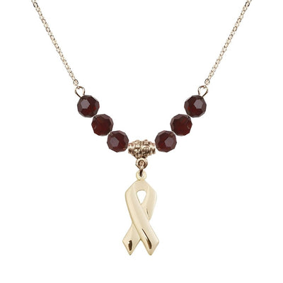 14kt Gold-filled Cancer Awareness Ribbon Garnet Birthstone Crystal Beaded Necklace, Charm Measures 7/8 inch tall by 3/8 inch wide, Bliss Manufacturing