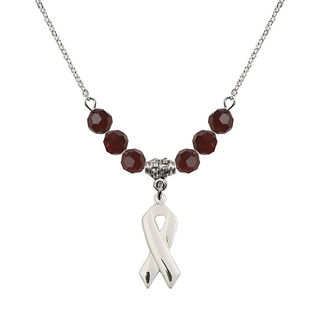 Bliss Sterling Silver Cancer Awareness Ribbon Garnet Birthstone Crystal Beaded Necklace, Charm Measures 7/8 inch tall by 3/8 inch wide