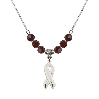 Sterling Silver Cancer Awareness Ribbon Garnet Birthstone Crystal Beaded Necklace, Charm Measures 7/8 inch tall by 3/8 inch wide, Bliss Manufacturing