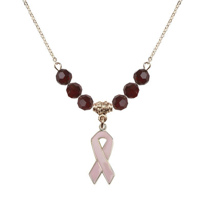 Gold-filled Breast Cancer Awareness Pink Ribbon Garnet Crystal Beaded Necklace, Measures 7/8-inch tall by 1/4-inch wide, Bliss Manufacturing