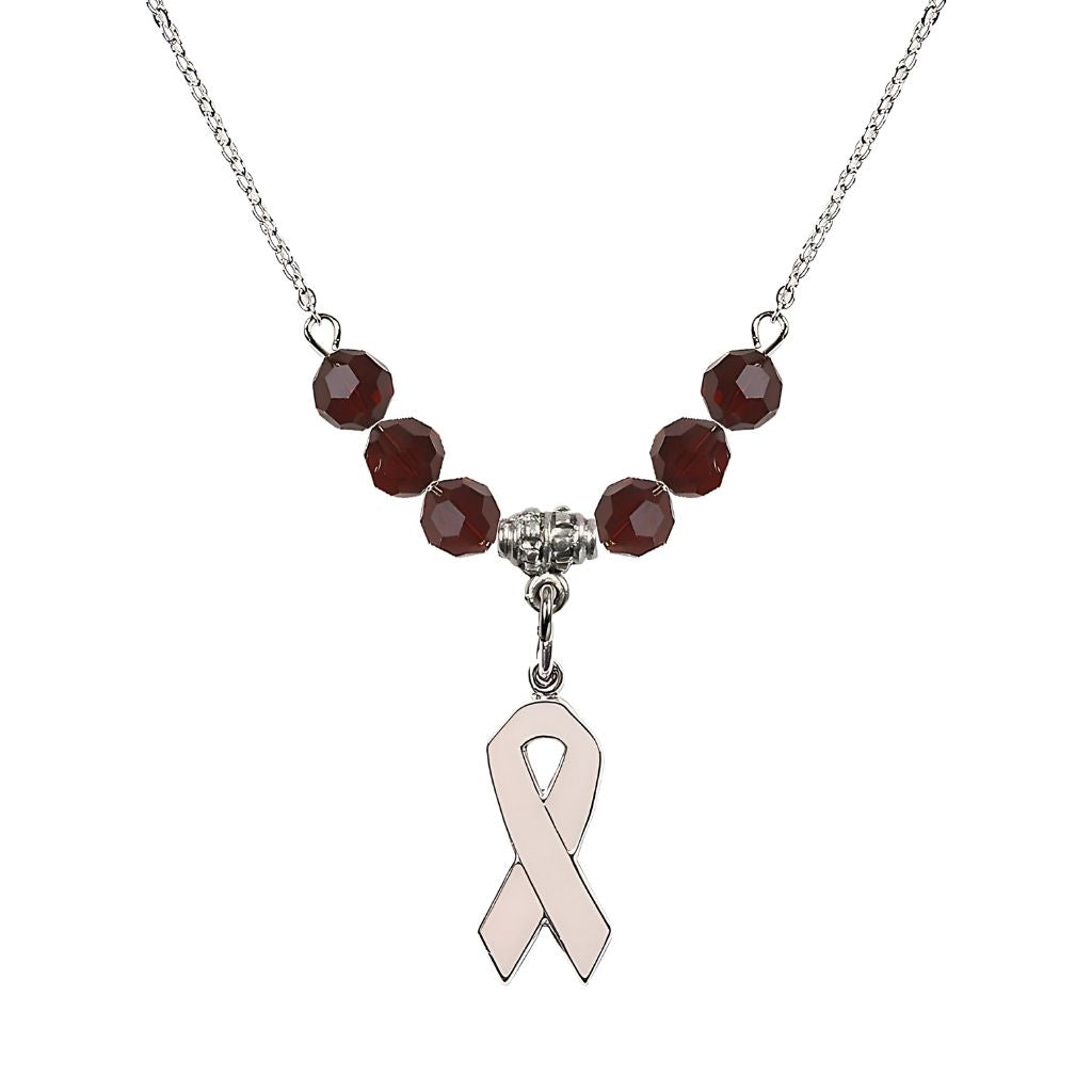 Bliss Sterling Silver Breast Cancer Awareness Pink Ribbon Garnet Crystal Beaded Necklace, Measures 7/8-inch tall by 1/4-inch wide