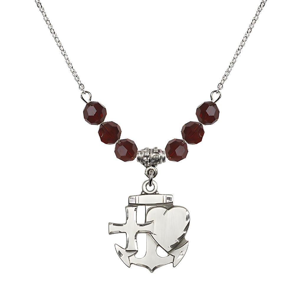 Bliss Christian Faith, Hope and Charity Sterling Silver 6mm Garnet Crystal Birthstone Necklace, Medal Measures 7/8-inch tall by 3/4-inch wide