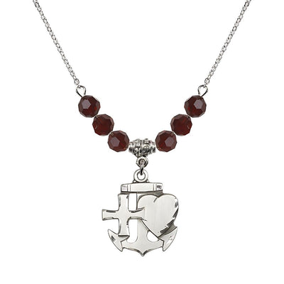 Christian Faith, Hope and Charity Sterling Silver 6mm Garnet Crystal Birthstone Necklace, Medal Measures 7/8-inch tall by 3/4-inch wide, Bliss Manufacturing