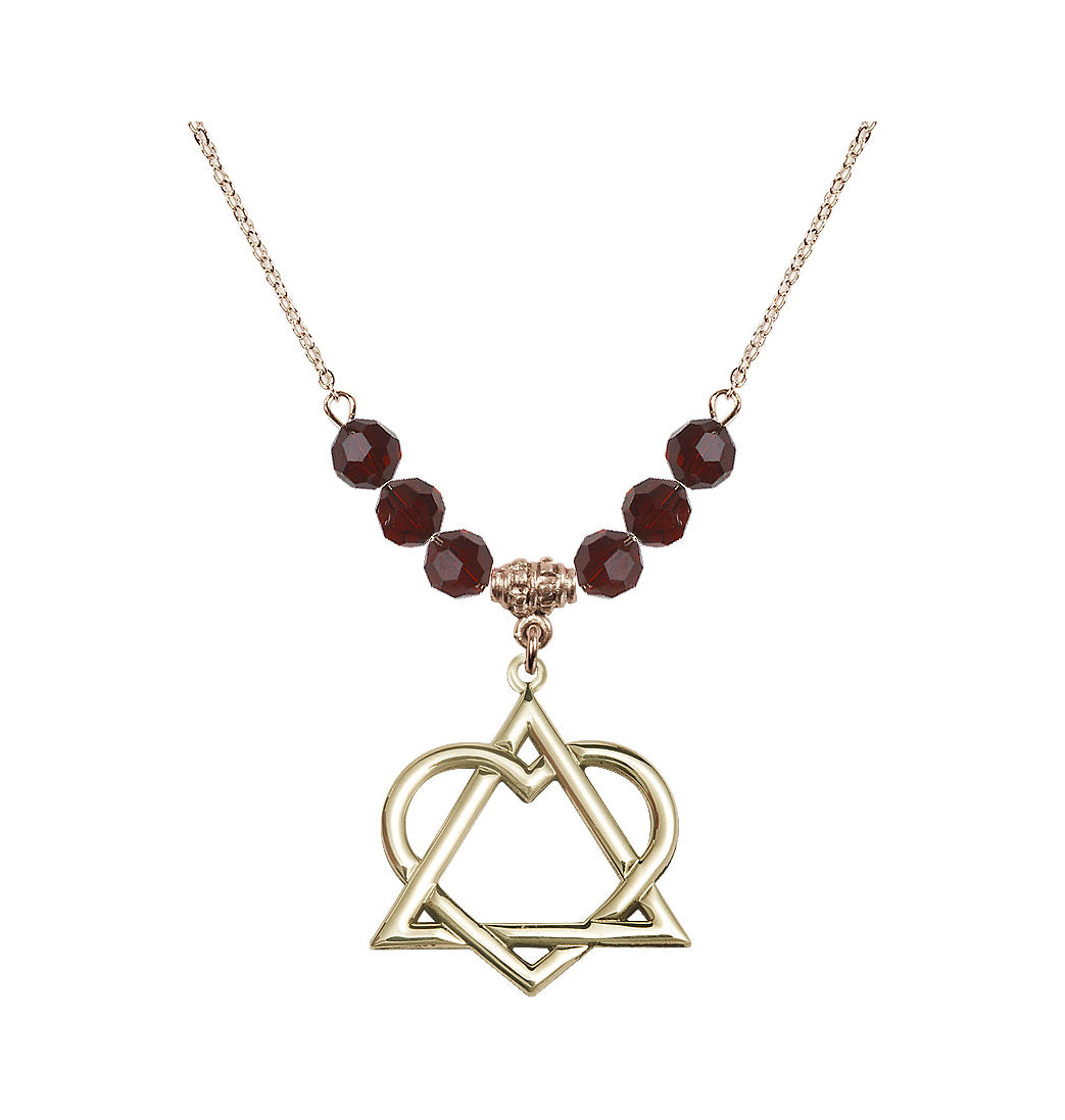 Hamilton Gold Plated Necklace with 6mm Garnet Crystal Beads featuring a 14kt Gold Filled Adoption Heart Medal,