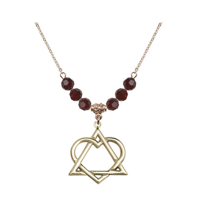 Hamilton Gold Plated Necklace with 6mm Garnet Crystal Beads featuring a 14kt Gold Filled Adoption Heart Medal, Bliss Manufacturing