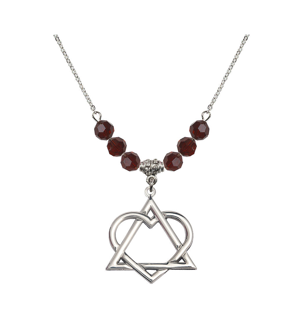 Necklace with 6mm Garnet Crystal Beads featuring a Sterling Silver Adoption Heart Medal,