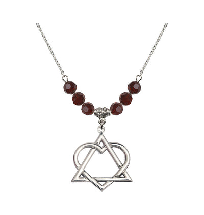 Necklace with 6mm Garnet Crystal Beads featuring a Sterling Silver Adoption Heart Medal, Bliss Manufacturing