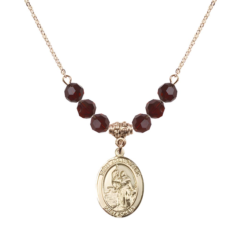 Bliss St. Joan of Arc Oval 14kt Gold-filled 6mm Garnet Austrian Crystal Beaded Necklace, Measures 3/4 inch tall by 1/2-inch wide, Gift Box.