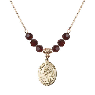 St. Joan of Arc Oval 14kt Gold-filled 6mm Garnet Austrian Crystal Beaded Necklace, Measures 3/4 inch tall by 1/2-inch wide, Gift Box, Bliss Manufacturing