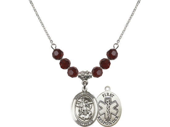 Bliss 1st Responder St Michael Sterling Silver Beaded Necklace in Garnet,