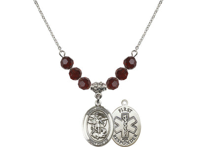 1st Responder St Michael Sterling Silver Beaded Necklace In Garnet, Bliss Manufacturing