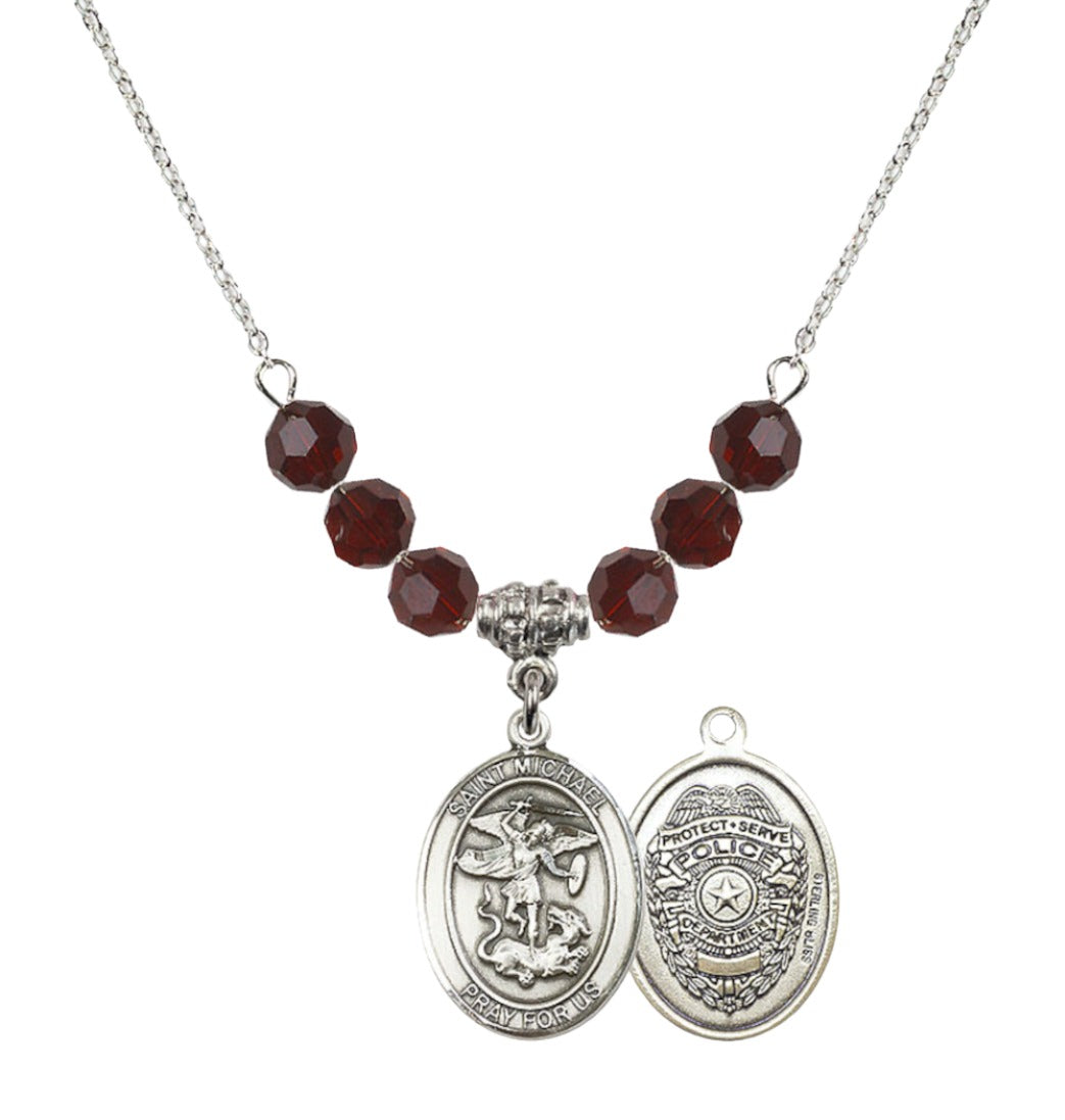 Bliss 18" Rhodium Plated Necklace with 6mm Garnet Crystal Beads featuring a Sterling Silver St. Michael the Archangel/Policeman Medal.