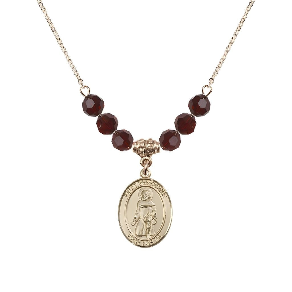 Bliss Our Lady of Fatima 14kt Gold-filled 6mm Garnet Beaded Necklace, Measures 3/4 inch tall by 1/2-inch wide, Gift Box