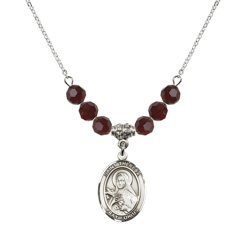 Bliss St. Theresa Sterling Silver Crystal Necklace, handcrafted in the USA, Birthstone 6mm Austrian Crystals in Garnet