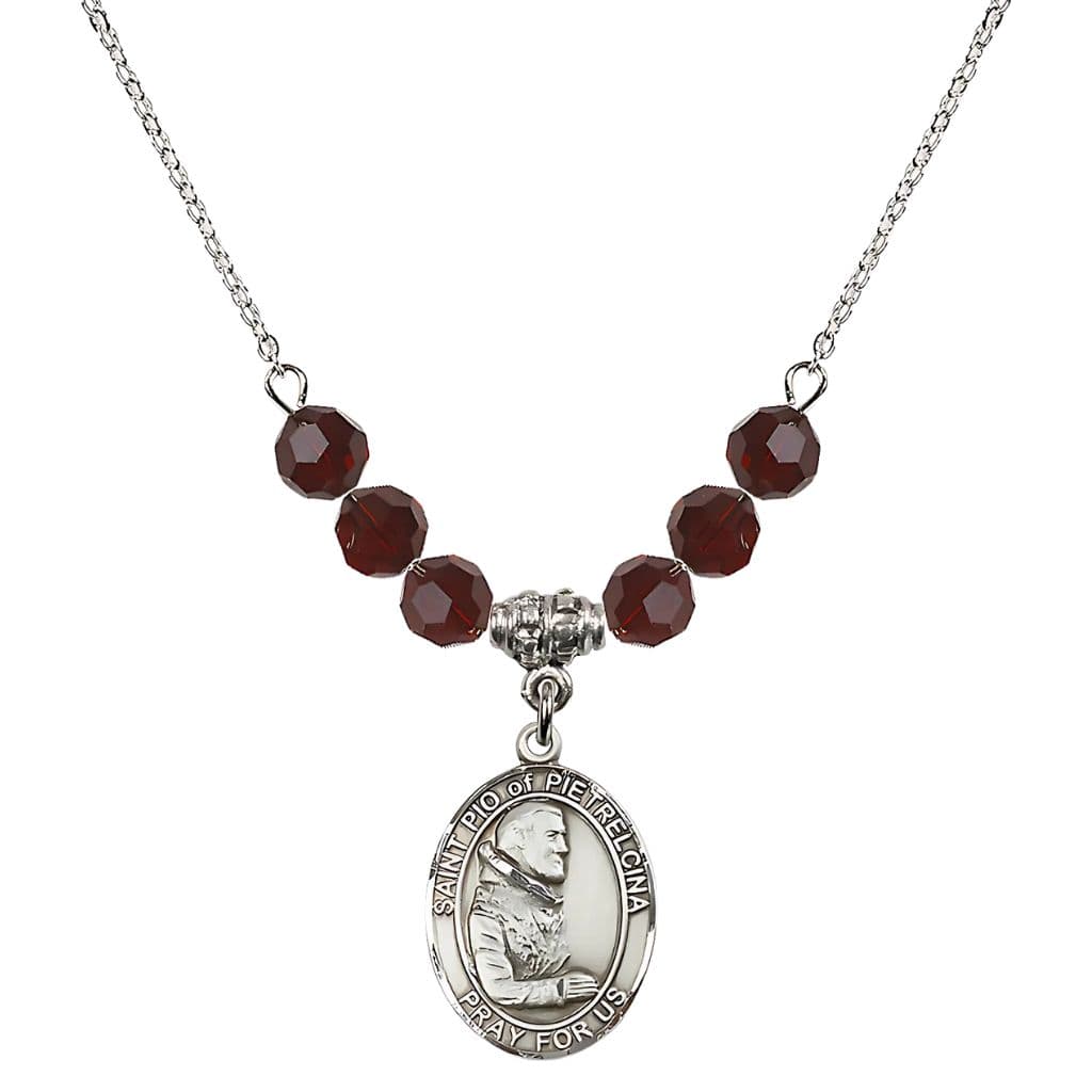 Bliss Sterling Silver St. Padre Pio of Pietrelcina Garnet Crystal Birthstone Necklace