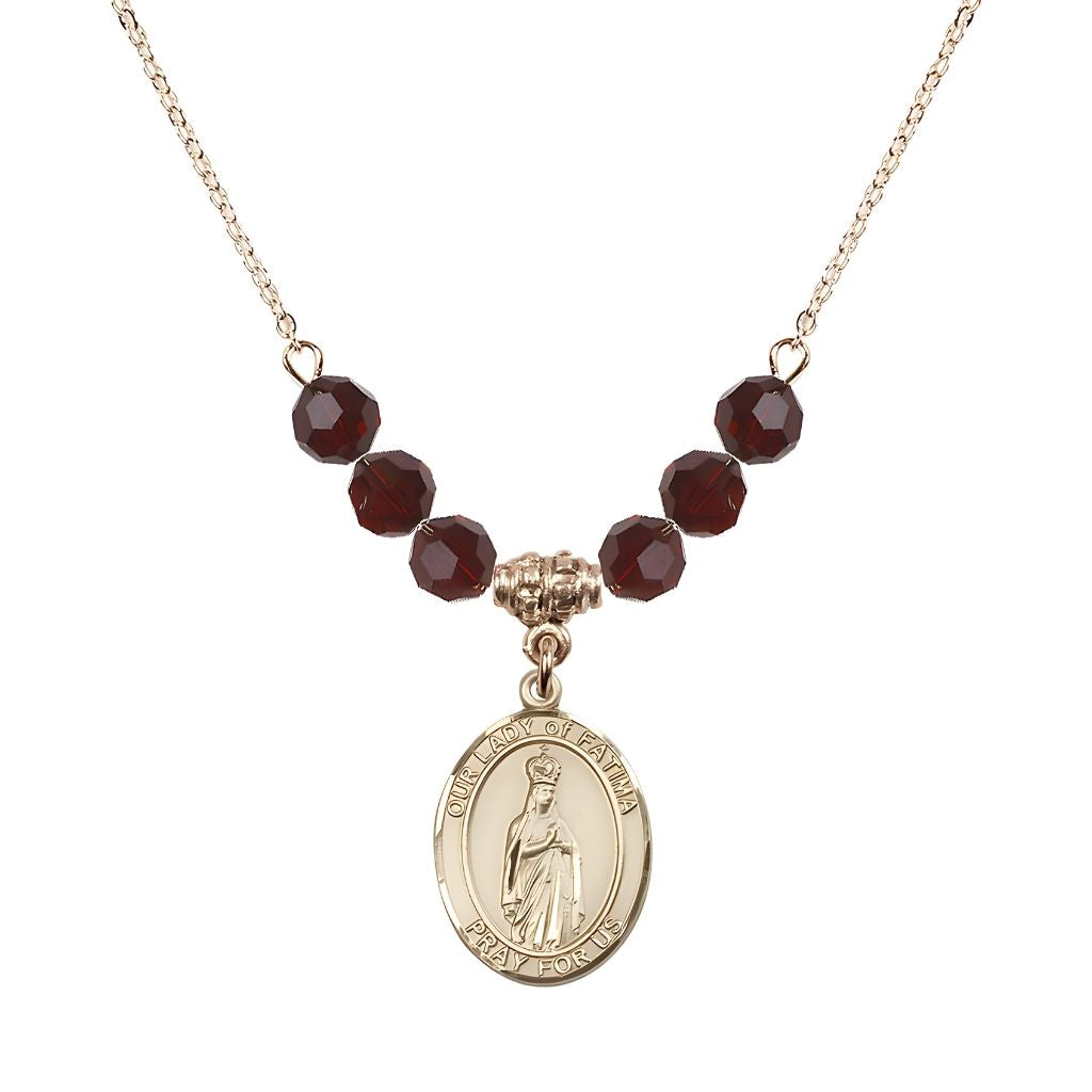 Bliss Our Lady of Fatima Gold-filled 6mm Garnet Beaded Necklace, Measures 3/4 inch tall by 1/2-inch wide, Gift Box